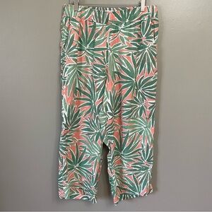 Sigrid Olsen Linen Tropical Leaf  Wide Leg Crop Pants Size Medium Green Pink